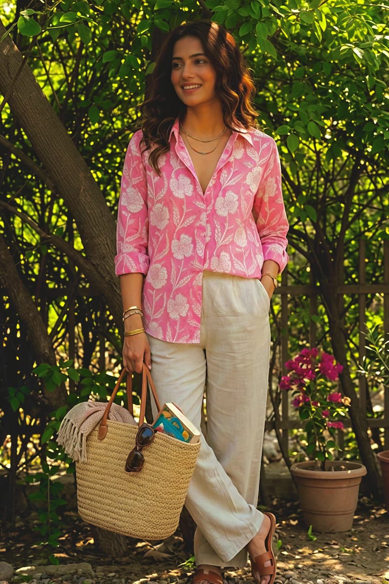 Woman in a pink floral shirt and white pants standing outdoors with greenery and a plant in the background.