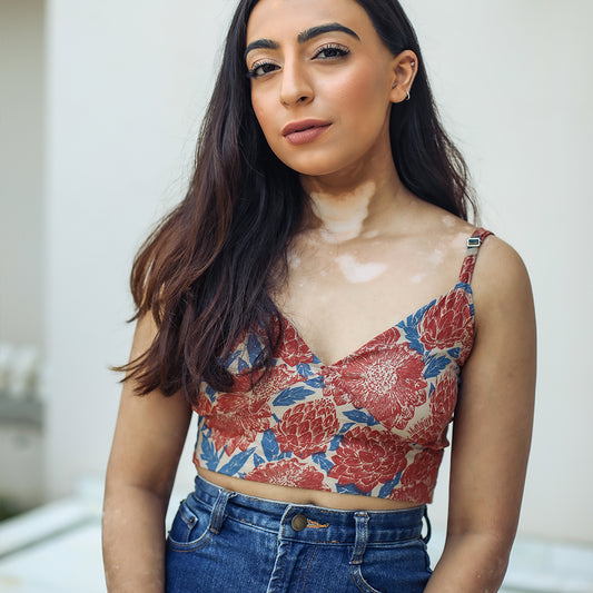 Red-blue floral crop top