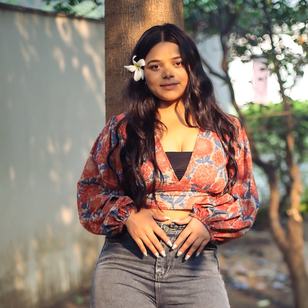 Red - blue floral puff sleeves top - Atulyakala