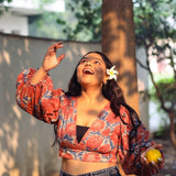 Red-blue floral puff sleeves top